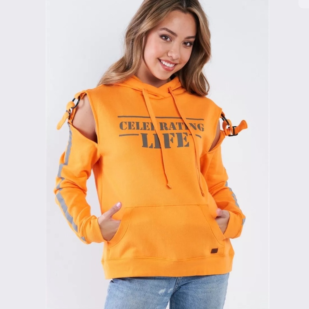 “Celebrating Life” Orange Buckle Cold Shoulder Hoodie – Street Style & Comfort F